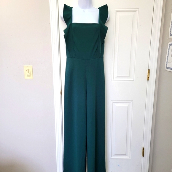 She and Sky Pants - NWT She And Sky Emerald Green Sleeveless Back Zip Ruffled Jumpsuit Size M